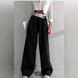 NWT Asymmetrical Contrast Waistband Wide Leg Pants